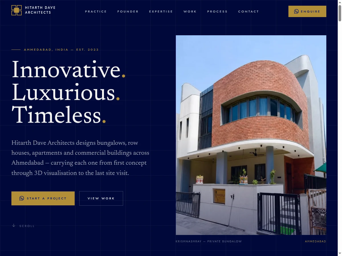 Hitarth Dave Architects homepage — navy hero with serif headline and a photograph of a curved brick residence