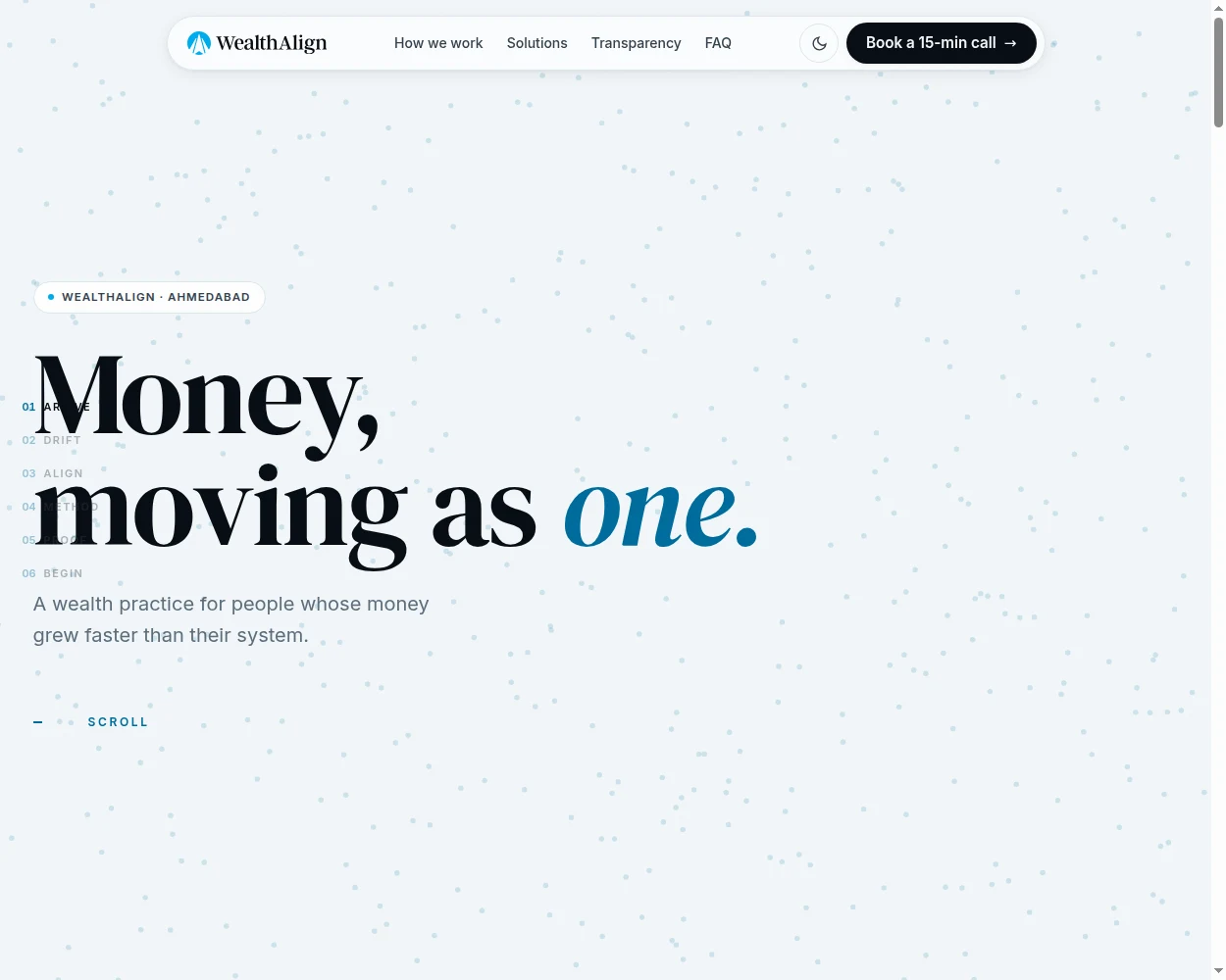 WealthAlign homepage — 'Money, moving as one.' serif headline over a drifting particle field